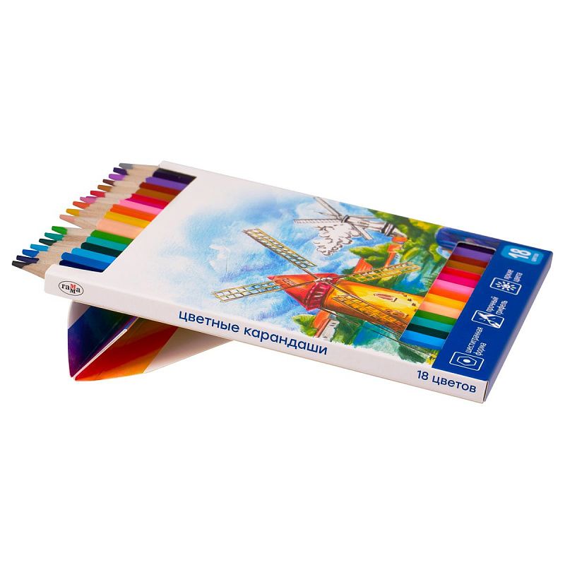 Карандаши цветные Гамма "Классические", 18цв., заточен., картон. упак., европодвес