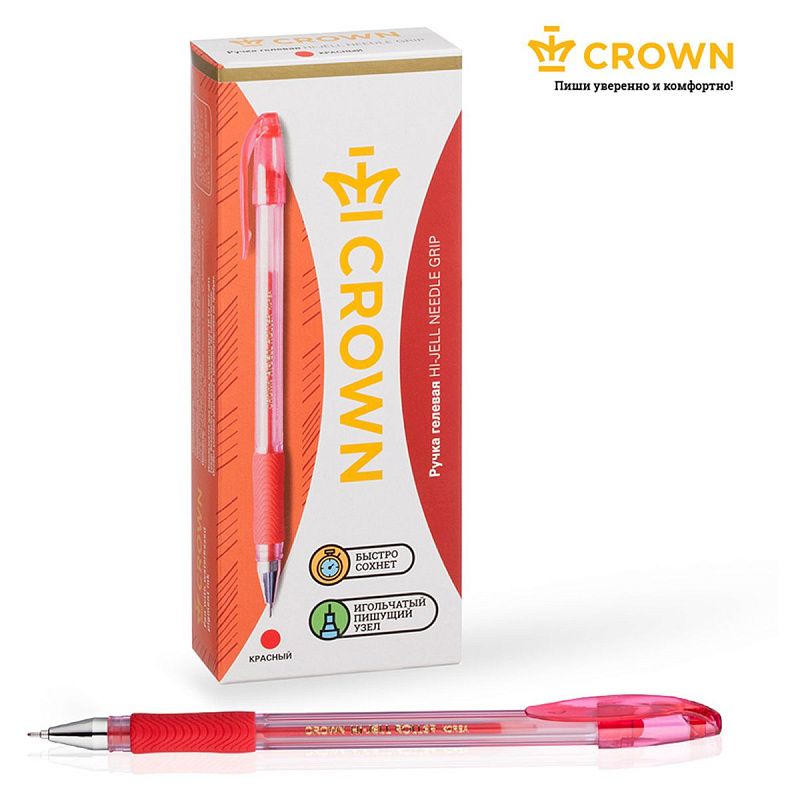 Ручка гелевая Crown "Hi-Jell Needle Grip" красная, 0,7мм, грип, игольчатый стержень, штрих-код 