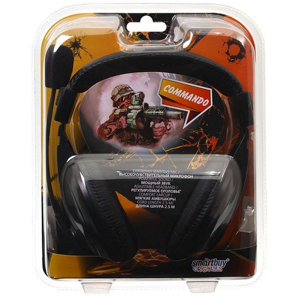 Наушники с микрофоном Smartbuy Commando, с регулятором громкости, 2,5м, черный