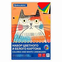 Набор картона БЕЛЫЙ + ЦВЕТНОЙ А4 мелованный, 10 листов (белый 4 листа + цветной 6 листов), в папке, BRAUBERG, 116630