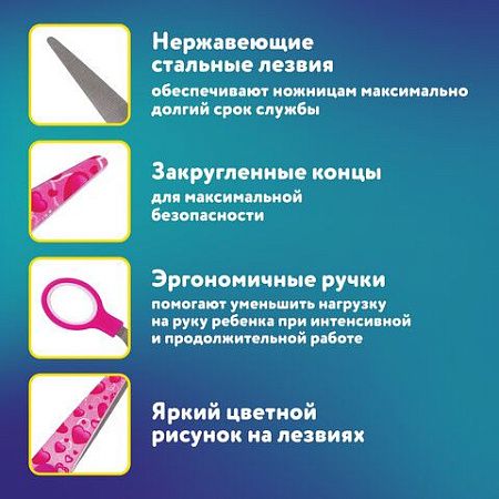 Ножницы BRAUBERG "Kid Series", 130 мм, малиновые, с цветной печатью "Сердечки", закругленные, 232275 