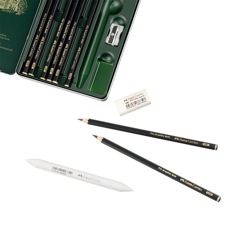 Набор карандашей ч/г матовых Faber-Castell "Pitt Graphite Matt" HB, 2B, 4B, 6B, 8B, 10B, 12B, 14B, заточ, ластик, метал.точилка, растушевка, метал.кор