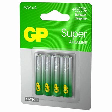 Батарейки КОМПЛЕКТ 4 шт., GP Super, AAA (LR03, 24А), алкалиновые, мизинчиковые, блистер, 24A-2CR4