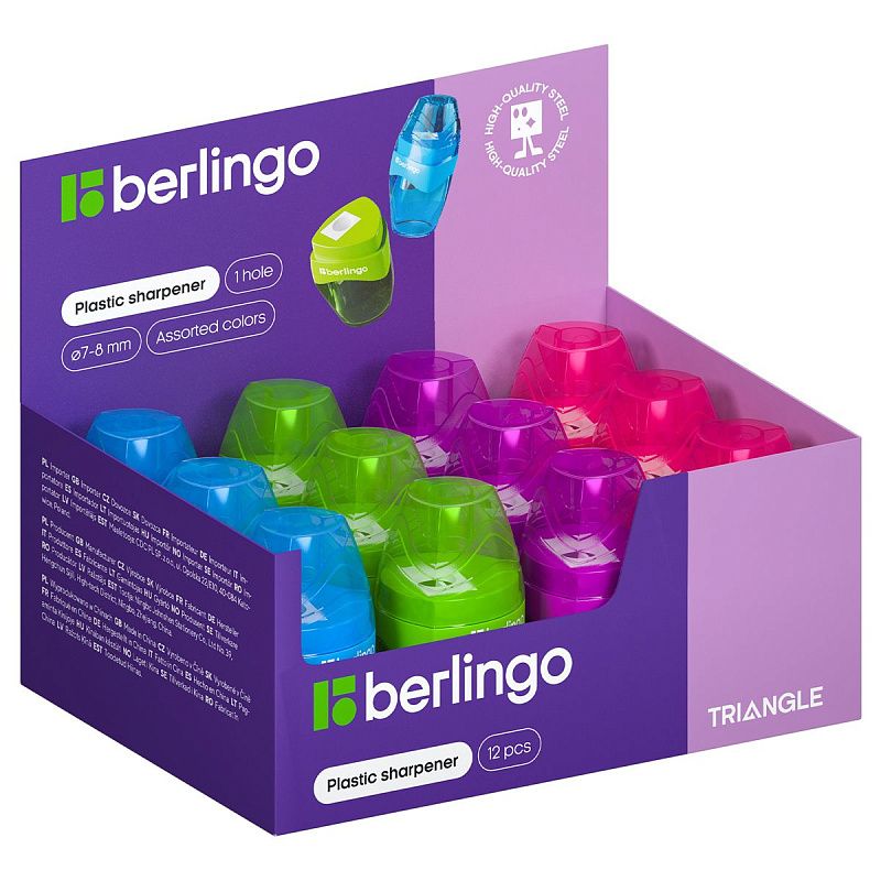Точилка пластиковая Berlingo "Triangle" 1 отверстие, контейнер, ассорти, дисплей 
