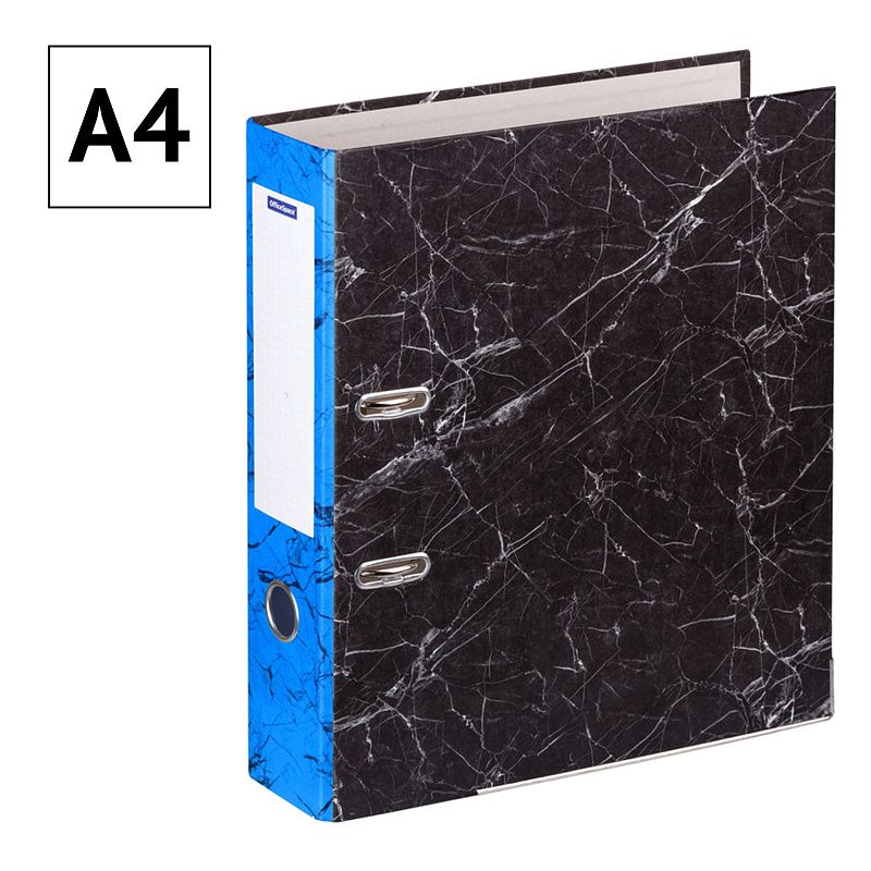 Папка-регистратор OfficeSpace 70мм, мрамор, черная, синий корешок, нижний метал. кант 