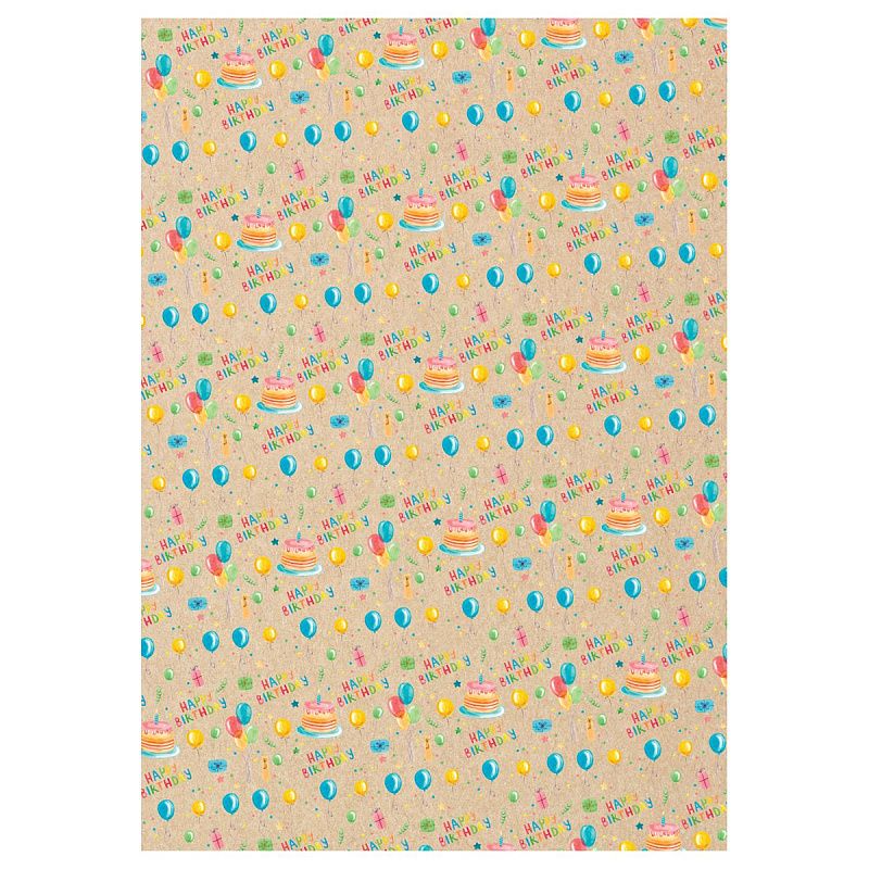 Упаковочная бумага крафт 70*100см, MESHU "Happy birthday", 70 г/м2, ассорти, 4 дизайна