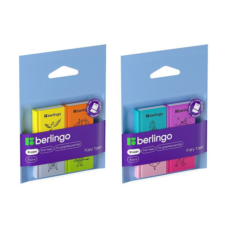 Ластик Berlingo "Fairy Tales", 4шт., термопластичная резина, 28*25*7мм, пакет с европодвесом