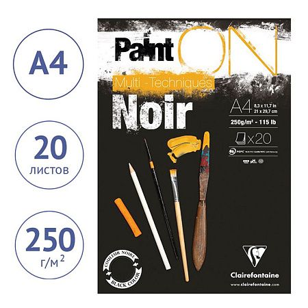 Скетчбук - альбом для смешанных техник 20л., А4 Clairefontaine "Paint ON Noir", на склейке, черный, 250г/м2
