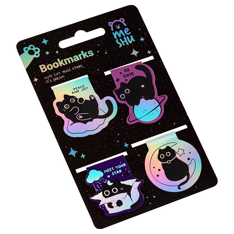 Закладки магнитные для книг, 4шт., MESHU "Кошачья вселенная", голографическая фольга 