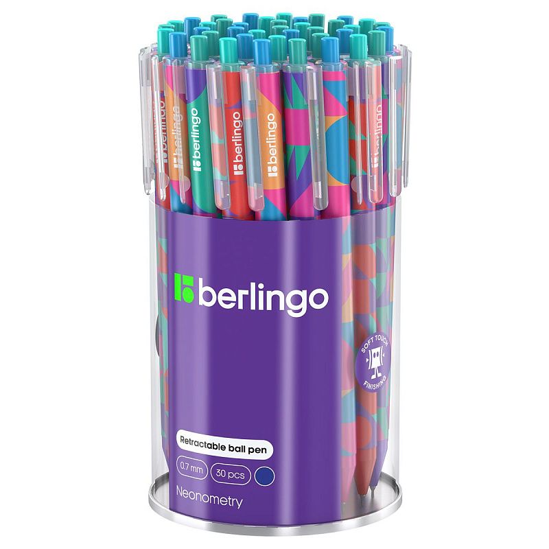 Ручка шариковая автоматическая Berlingo "Neonometry" синяя, 0,7мм, рисунок на корпусе, soft touch, ассорти 
