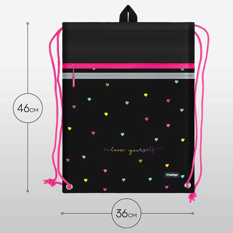Мешок для обуви 1 отделение Berlingo "Love Yourself", 360*460мм, вентиляционная сеточка , светоотражающая лента, карман на молнии 