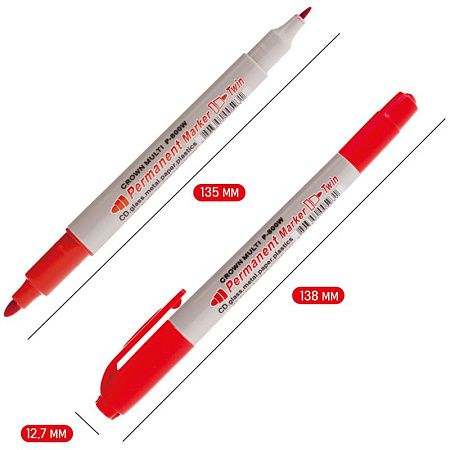 Маркер перманентный двухсторонний Crown "Multi Marker Twin" красный, пулевидный, 2мм/1мм 