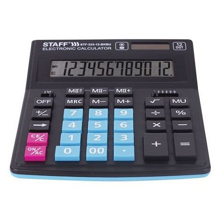 Калькулятор настольный STAFF PLUS STF-333-BKBU ( 200x154 мм) 12 разрядов, ЧЕРНО-СИНИЙ, 250461