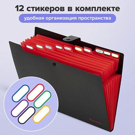 Папка-органайзер на кнопке 12 отделений, BRAUBERG "Extra", А4, черная с красным, 271934 