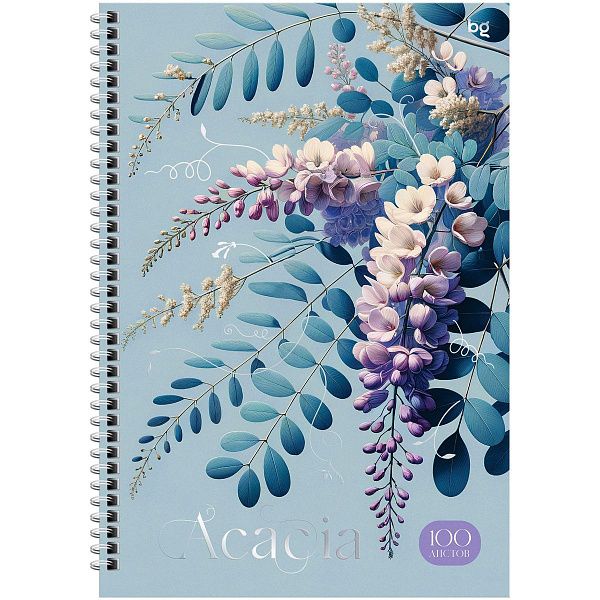 Тетрадь 100л., А4 клетка на гребне BG "Цветы. Акация", матовая ламинация, тиснение фольгой, твердая обложка