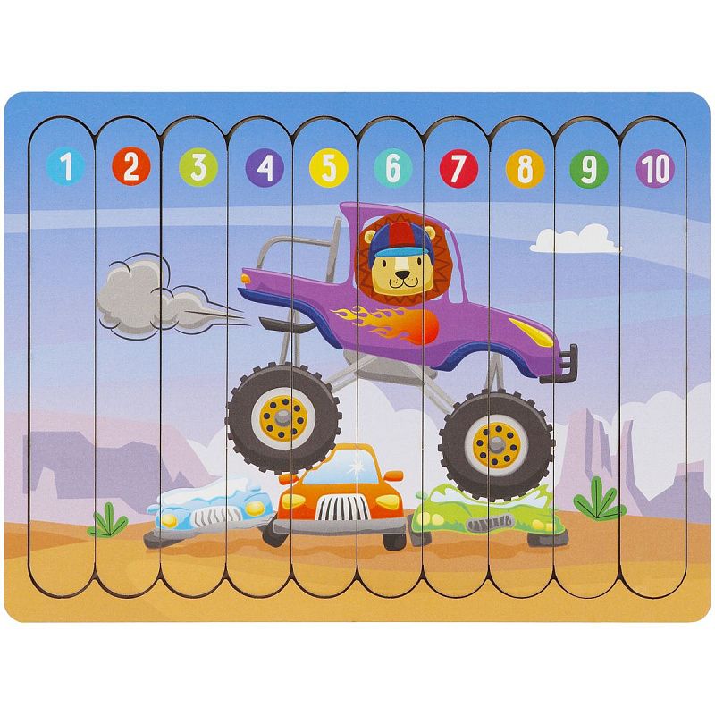 Деревянный пазл - палочки ТРИ СОВЫ "Монстр-трак", 10 деталей на подложке, фанера 