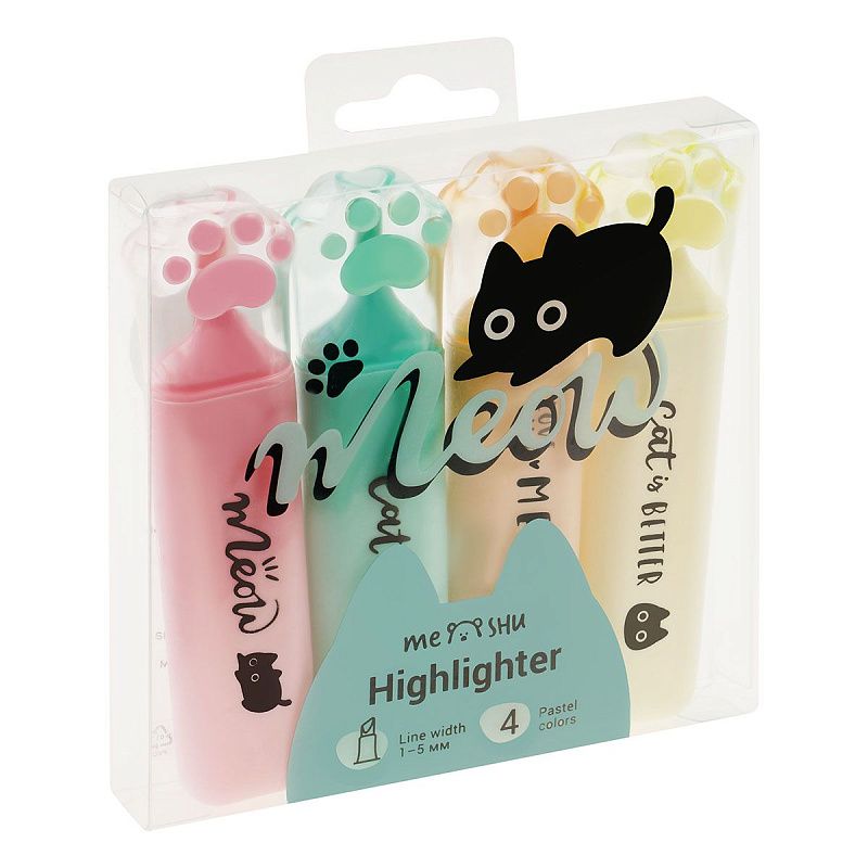Набор текстовыделителей MESHU "Live, Life, Meow", 04цв., пастельные цвета, 1-5 мм, ПВХ бокс с европодвесом 