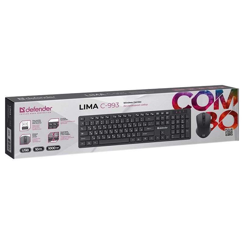 Комплект беспроводной клавиатура + мышь Defender "Lima C-993", черный