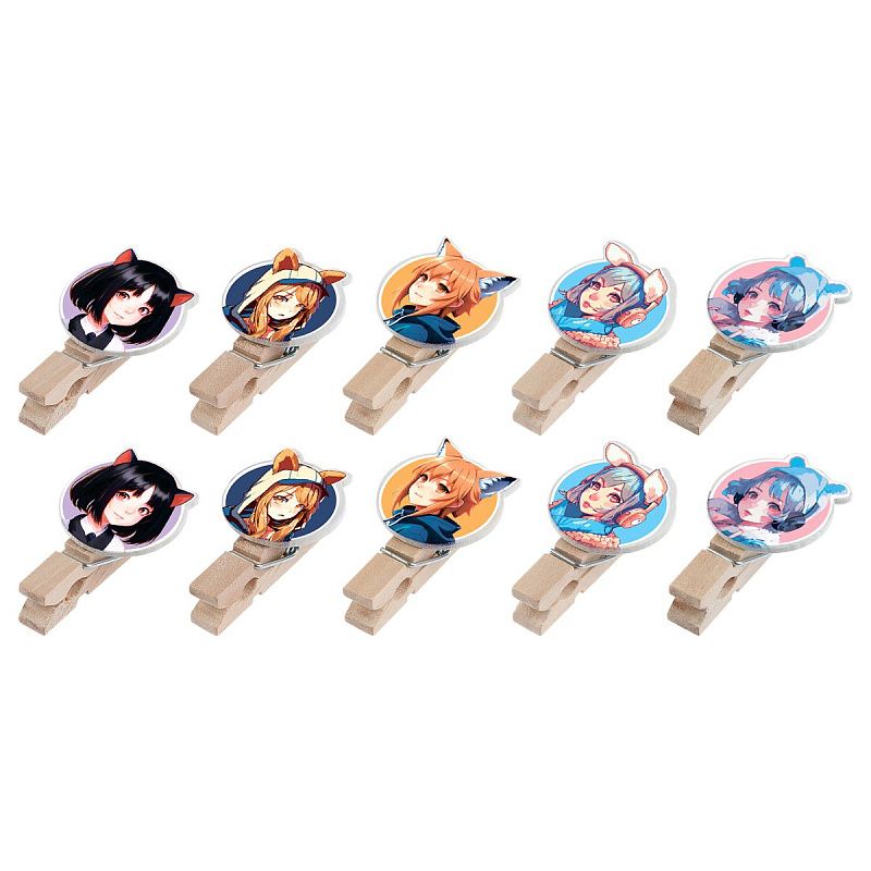 Зажимы для бумаг 7мм, MESHU "Neko", 10шт., деревянные, ассорти, опп пакет с европодвесом, веревка в комплекте