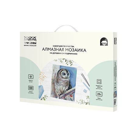 Алмазная мозаика ТРИ СОВЫ "Белая сова", 30*40см, холст на деревянном подрамнике, картонная коробка с пластиковой ручкой