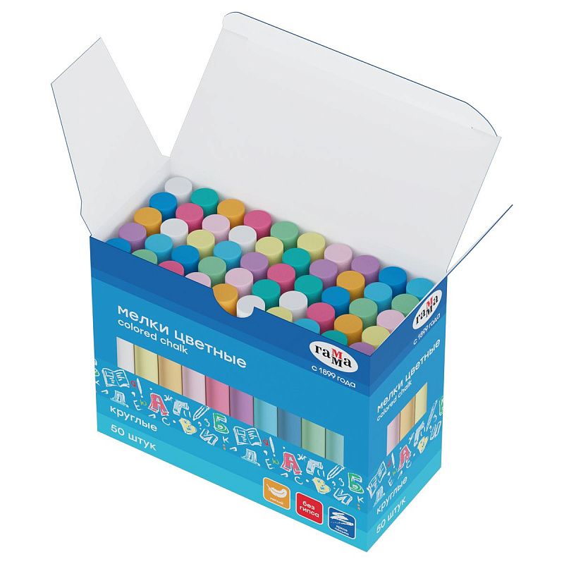 Мелки школьные Гамма, цветные, 50шт., мягкие, круглые, картонная коробка 