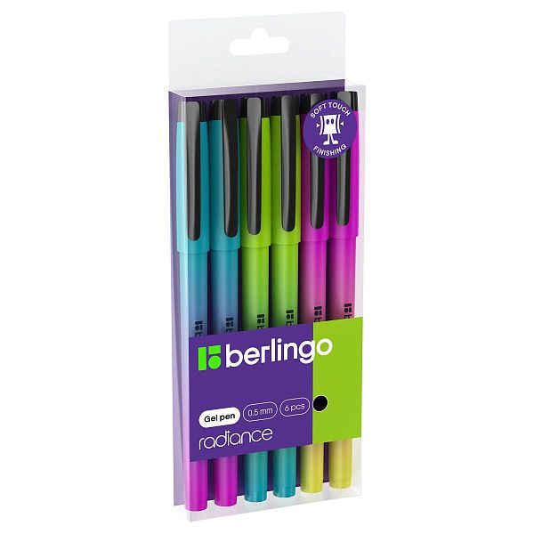 Ручка гелевая Berlingo "Radiance" черная, 0,5мм, корпус ассорти, 6шт., PET бокс