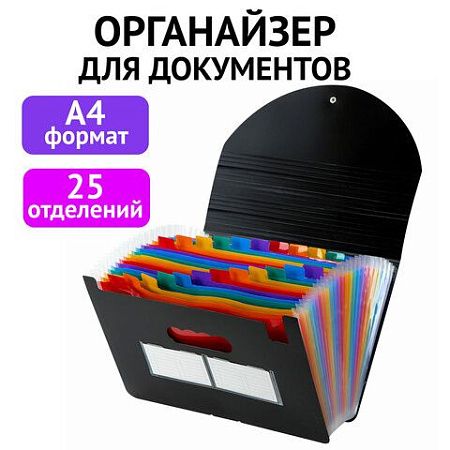 Папка-органайзер для бумаг и документов на резинке, 25 отделений, BRAUBERG DOCS, А4, черная, 271151 