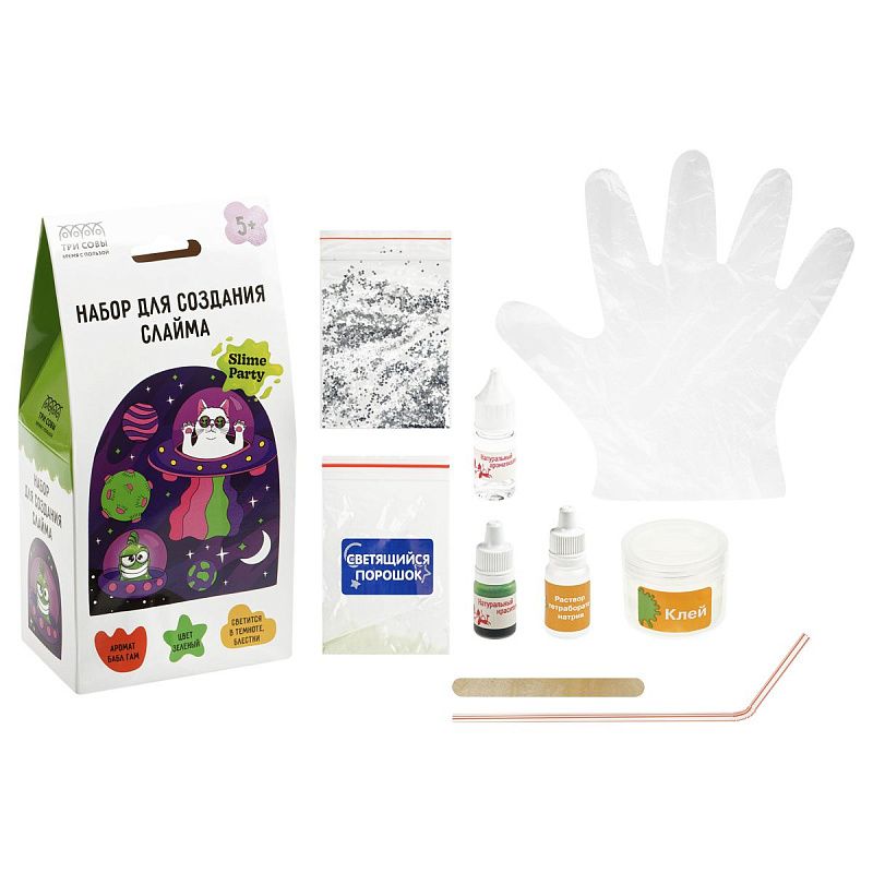 Набор для создания слайма ТРИ СОВЫ Slime party "Кото-пришельцы", зеленый, наполнение - блестки, светится в темноте, аромат бабл гам, картонная коробка