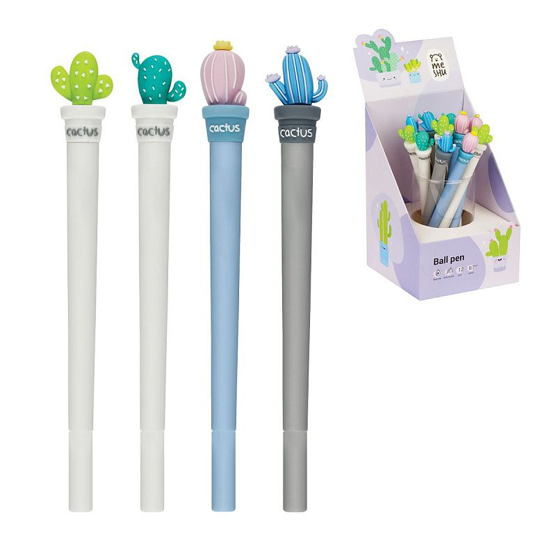 Ручка шариковая MESHU "Cute Cactus", синяя, 0,7мм, корпус ассорти, с топпером 