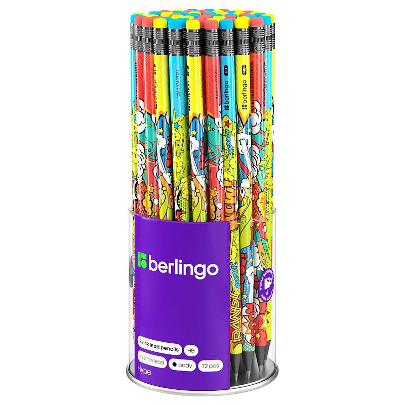 Карандаш ч/г Berlingo "Hype" HB, черное дерево, круглый, заточен., с ластиком, ассорти 