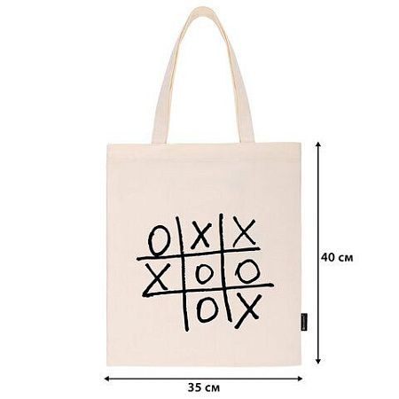 Сумка-шоппер BRAUBERG PREMIUM, канвас, 40х35 см, на кнопке, карман, бежевый, "Tic-tac-toe", 271902 