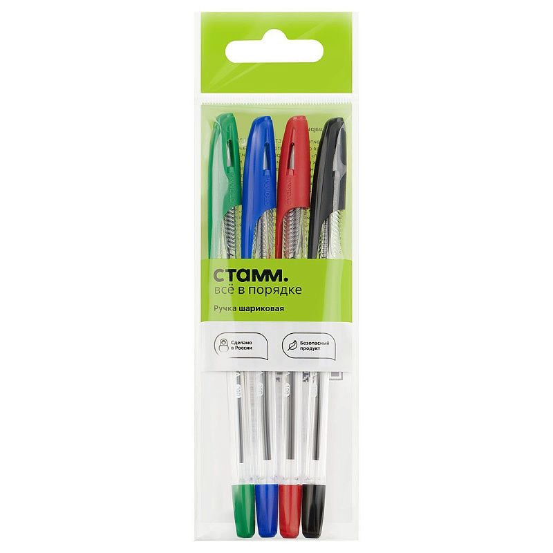 Набор шариковых ручек СТАММ "Орбита 100" 4шт., 4цв., 0,7мм, пакет с европодвесом