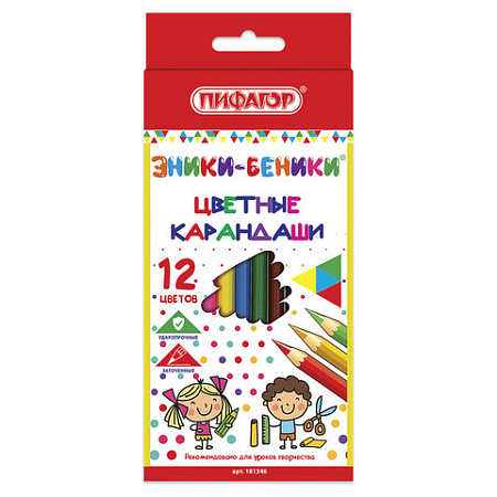 Карандаши цветные ПИФАГОР "ЭНИКИ-БЕНИКИ", 12 цветов, классические, заточенные, 181346