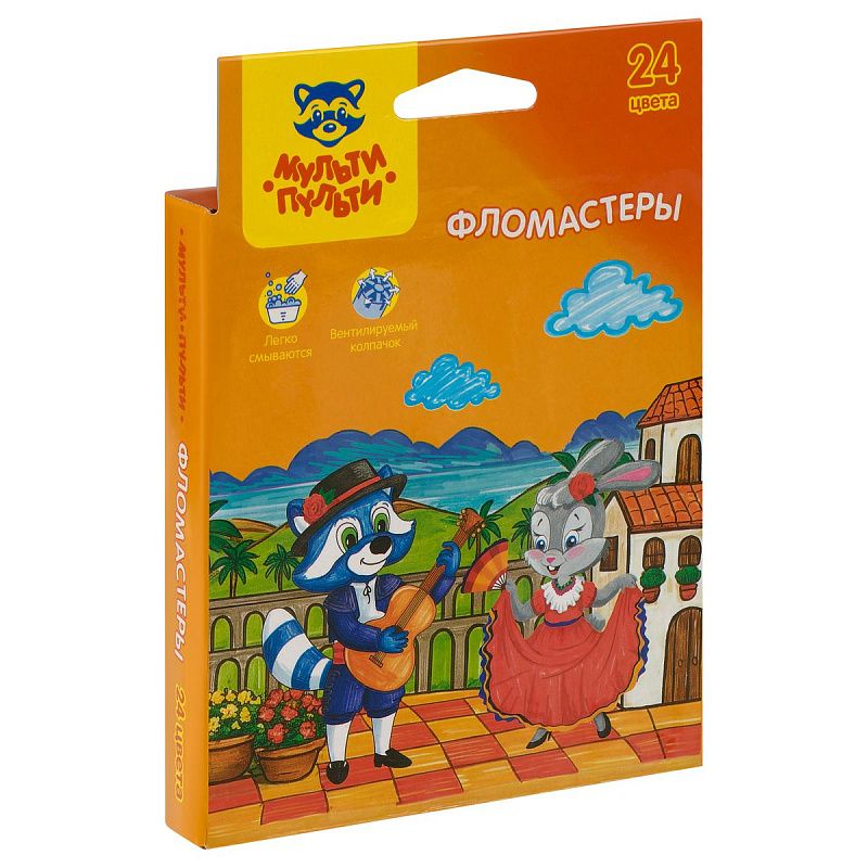 Фломастеры Мульти-Пульти "Енот в Испании", 24цв., смываемые., картон, европодвес