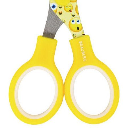 Ножницы BRAUBERG "Kid Series", 130 мм жёлто-белые с цветной печатью "Смайлики", закругленные, 232274 