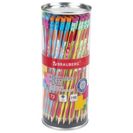 Карандаш чернографитный BRAUBERG "MIX", 1 шт., HB, с ластиком, корпус ассорти, 181760 