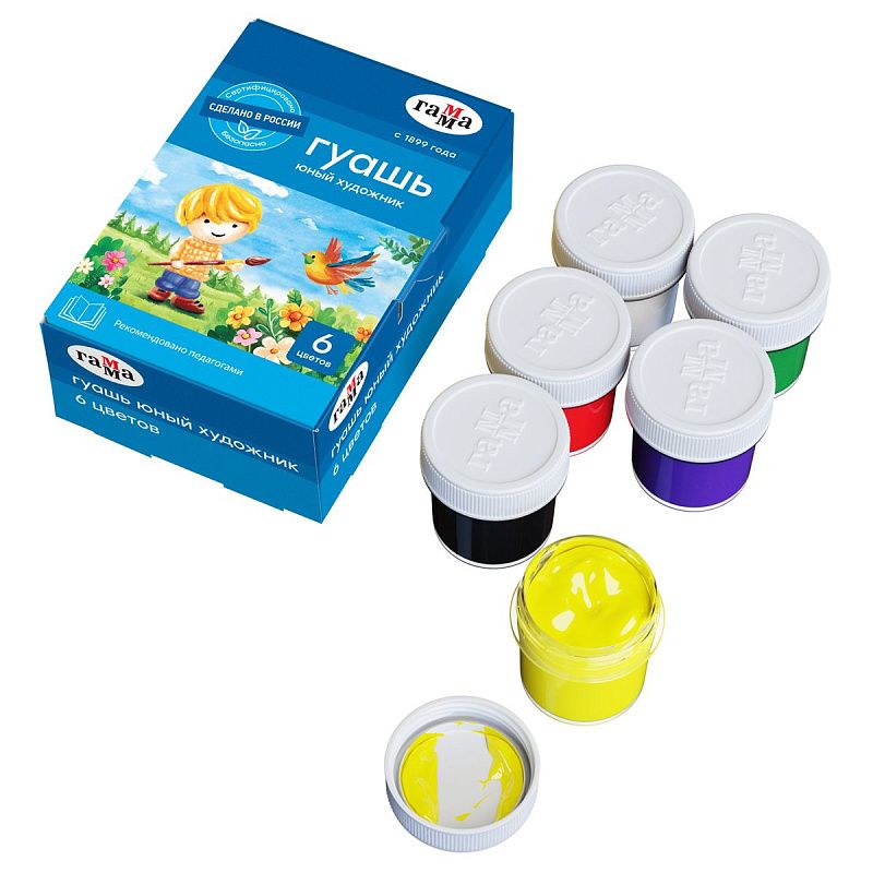 Гуашь Гамма "Юный художник NEW", 06 цветов, 17,5мл, картон. упаковка