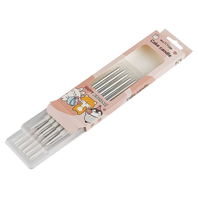 Свечи для торта с держателями MESHU "Straight silver", 14см, 10шт