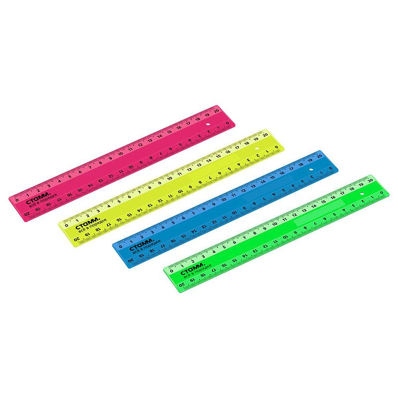 Линейка 20см СТАММ, пластиковая, 2 шкалы, непрозрачная, неоновые цвета, ассорти, европодвес 