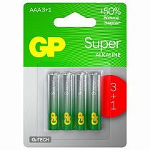 Батарейки GP Super, AAA (LR03, 24А), алкалиновые, мизинчиковые, КОМПЛЕКТ 4 шт., ПРОМО 3+1, 24A3/1-2CR4