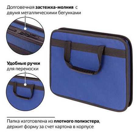 Папка на молнии с ручками STAFF "EVERYDAY", А4, твердые стенки, ткань, синяя, 228345 