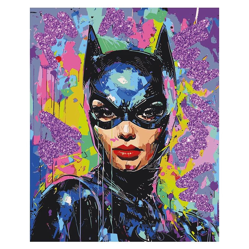 Картина по номерам на холсте с глиттером ТРИ СОВЫ "Женщина-кошка", 40*50, с акриловыми красками и кистями