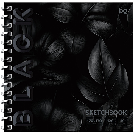 Скетчбук 40л., 170*170 BG "Black. Leaves", на гребне, soft tuch, выборочный лак, 120г/м2