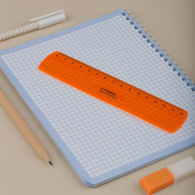 Линейка 15см СТАММ, пластиковая, гибкая, прозрачная, оранжевая, европодвес 