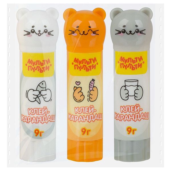 Набор клей-карандаш Мульти-Пульти "Котики", 09г, фигурный колпачок, ПВП, пакет, ассорти