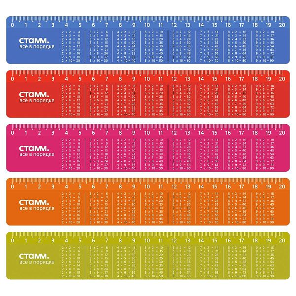 Линейка 20см СТАММ "Таблица умножения", со справочным материалом, пластиковая, перламутровая, ассорти