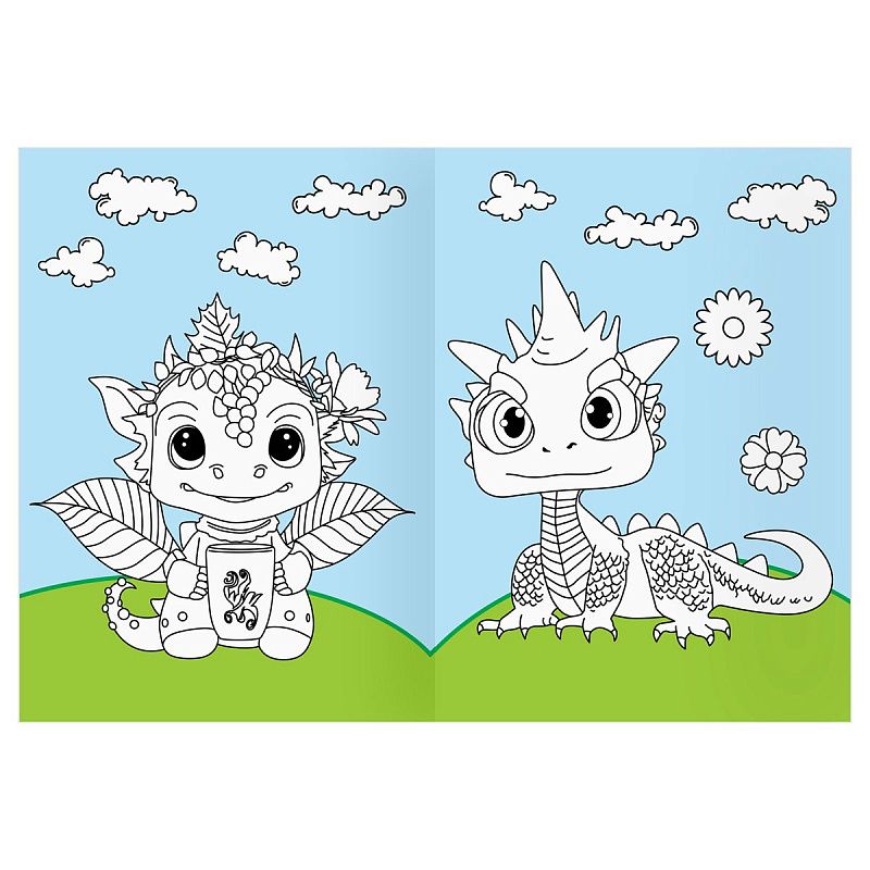 Раскраска с цв. фоном А4, 16 стр., ТРИ СОВЫ "Дракончики"