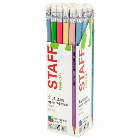 Карандаш чернографитный с ластиком STAFF EVERYDAY BLP-CLR, 1 шт., НВ, цвет корпуса ассорти, 182117 