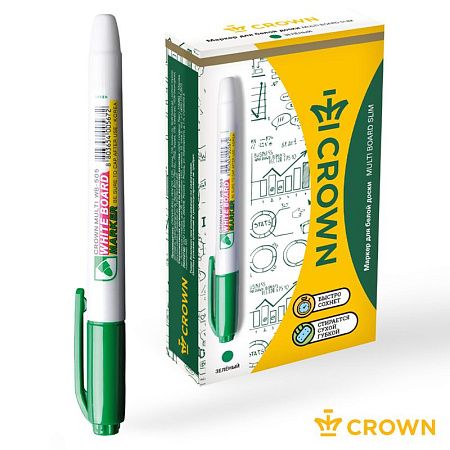 Маркер для белых досок Crown "Multi Board Slim" зеленый, пулевидный, 2мм 