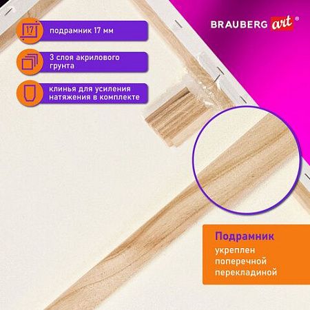 Холст на подрамнике BRAUBERG ART DEBUT, 50х60см, грунтованный, 100% хлопок, мелкое зерно, 191025